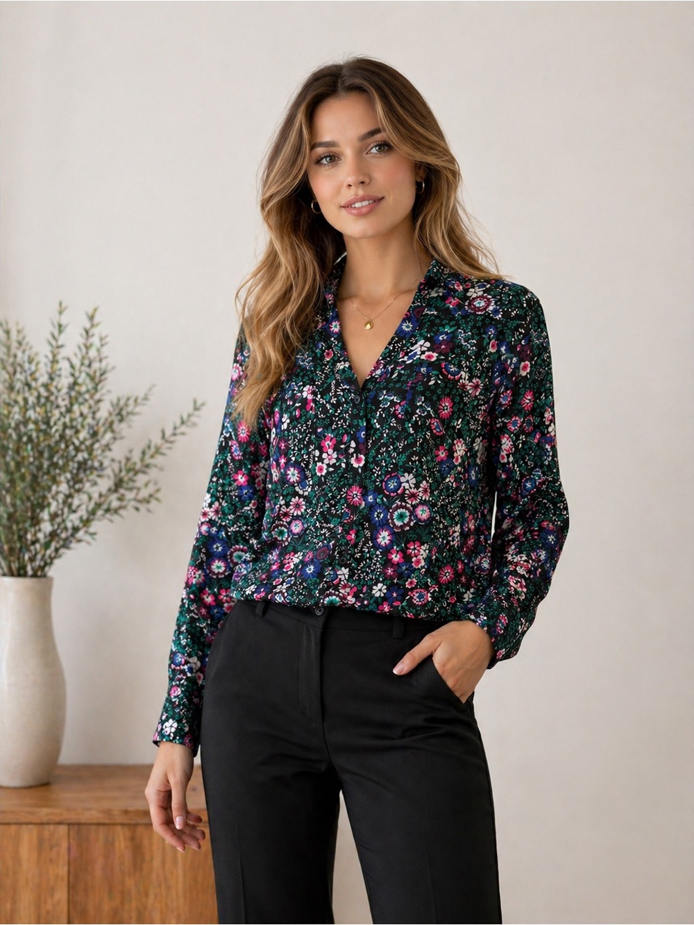 Express Portofino Dark Green Floral Button-Front Blouse